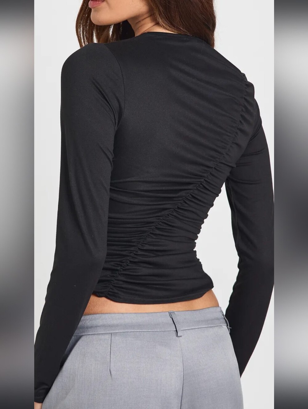 Circle NY by Sam Edelman IMoGEN Black Crew Neck Ruched Mesh Long Sleeve Top Sz M